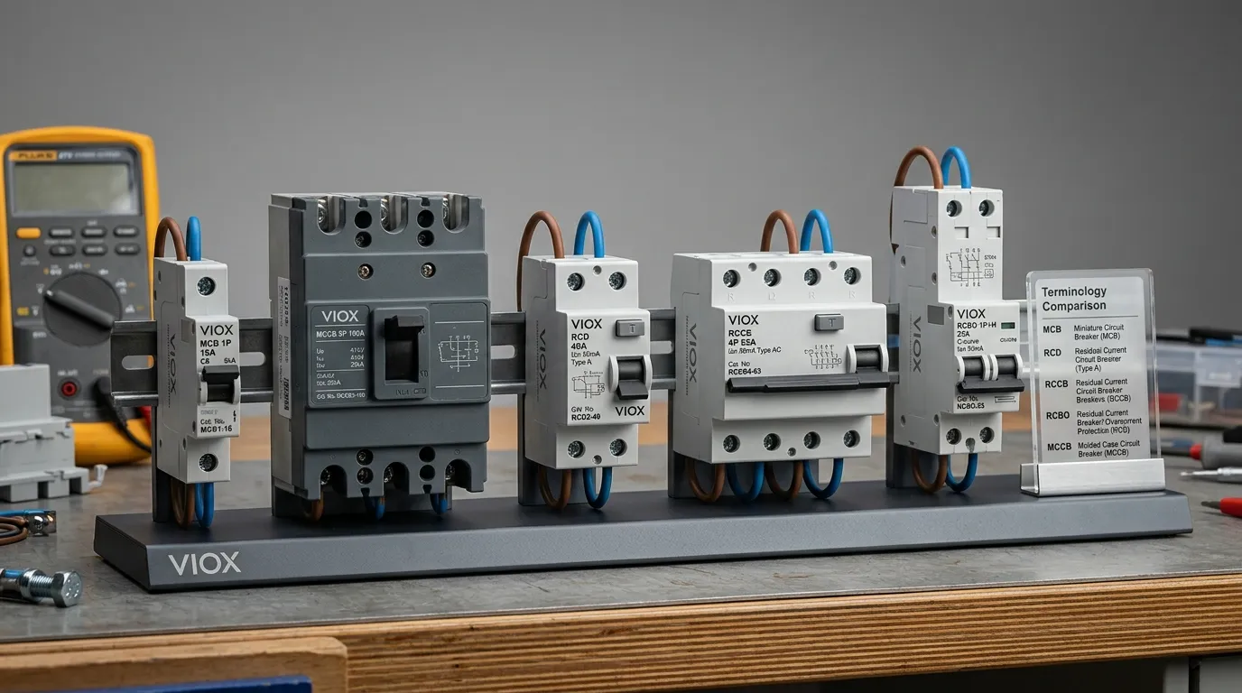 Comparison photo of MCB, MCCB, RCD, RCCB, and RCBO electrical protection devices