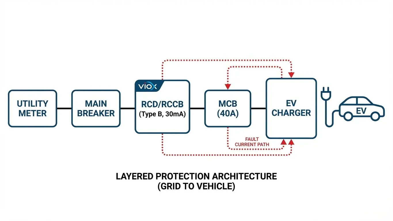 Kompletní architektura systému ochrany nabíječky elektromobilů: Nadproudová ochrana MCB a ochrana proti zemnímu úniku RCD
