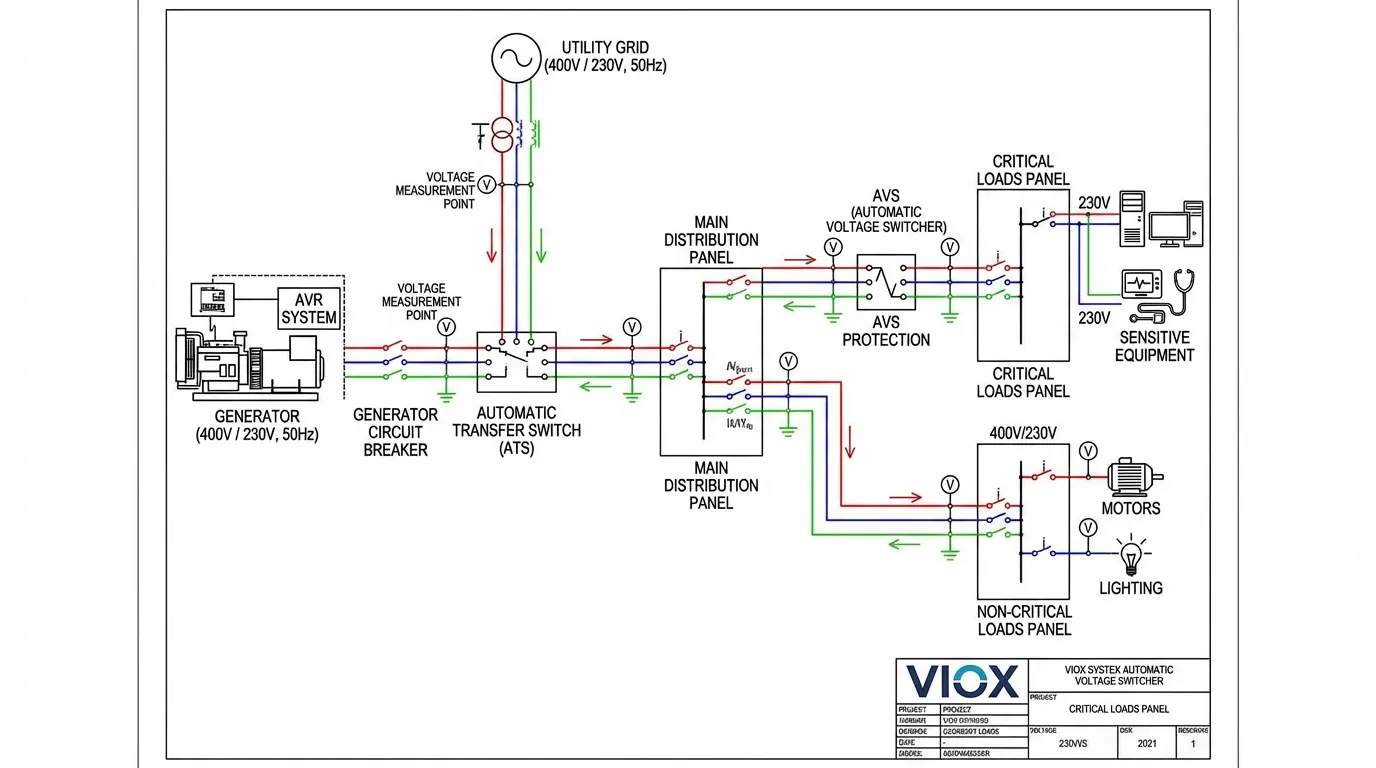 Complete electrical distribution diagram showing VIOX AVR and AVS integration in industrial power system