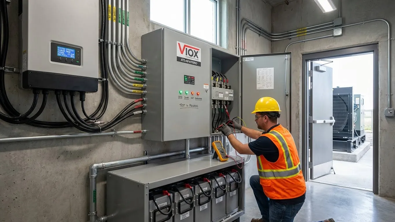 Instalación solar híbrida completa que muestra el interruptor de transferencia automática VIOX, el inversor, las baterías y el generador con gestión profesional de cables