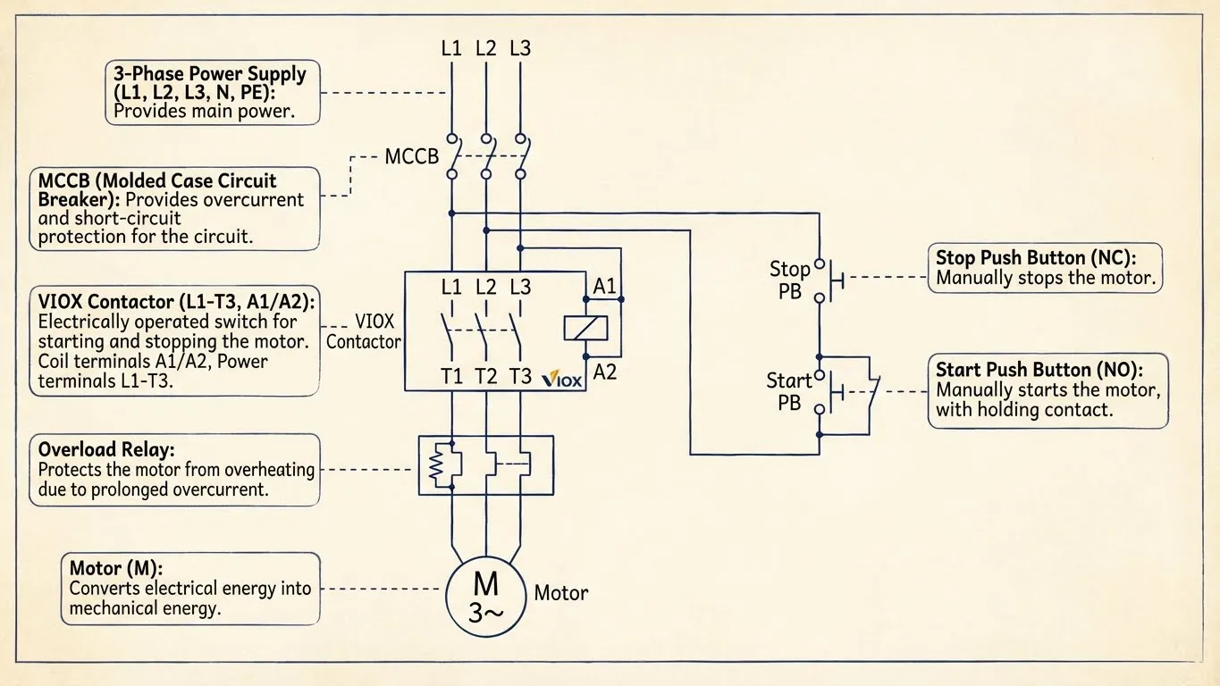 Diagram rangkaian kontrol motor lengkap yang menampilkan kontaktor VIOX dengan proteksi beban berlebih dan kontrol start-stop