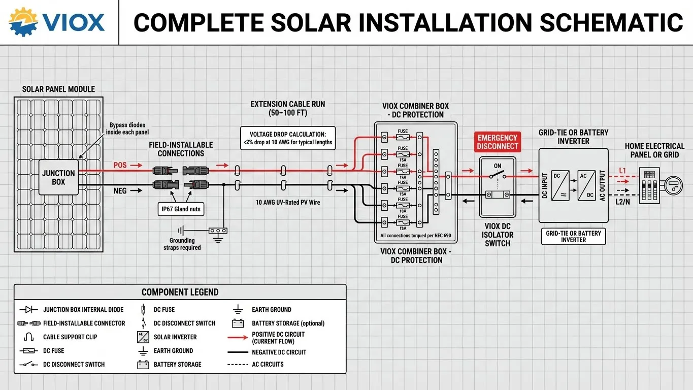 Complete solar photovoltaic system wiring schematic showing solar panel junction boxes, field-installed MC4 connectors, extension cables, VIOX combiner box, DC disconnect switch, and inverter.