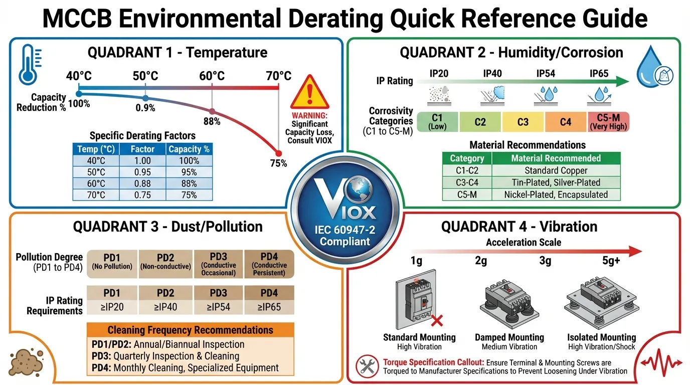 Gabay sa komprehensibong pagbaba ng kapasidad ng MCCB dahil sa kapaligiran na nagpapakita ng mga salik ng temperatura, halumigmig, alikabok, at pagyanig na may mga espesipikasyon ng pagsunod sa IEC 60947-2 para sa mga circuit breaker ng VIOX