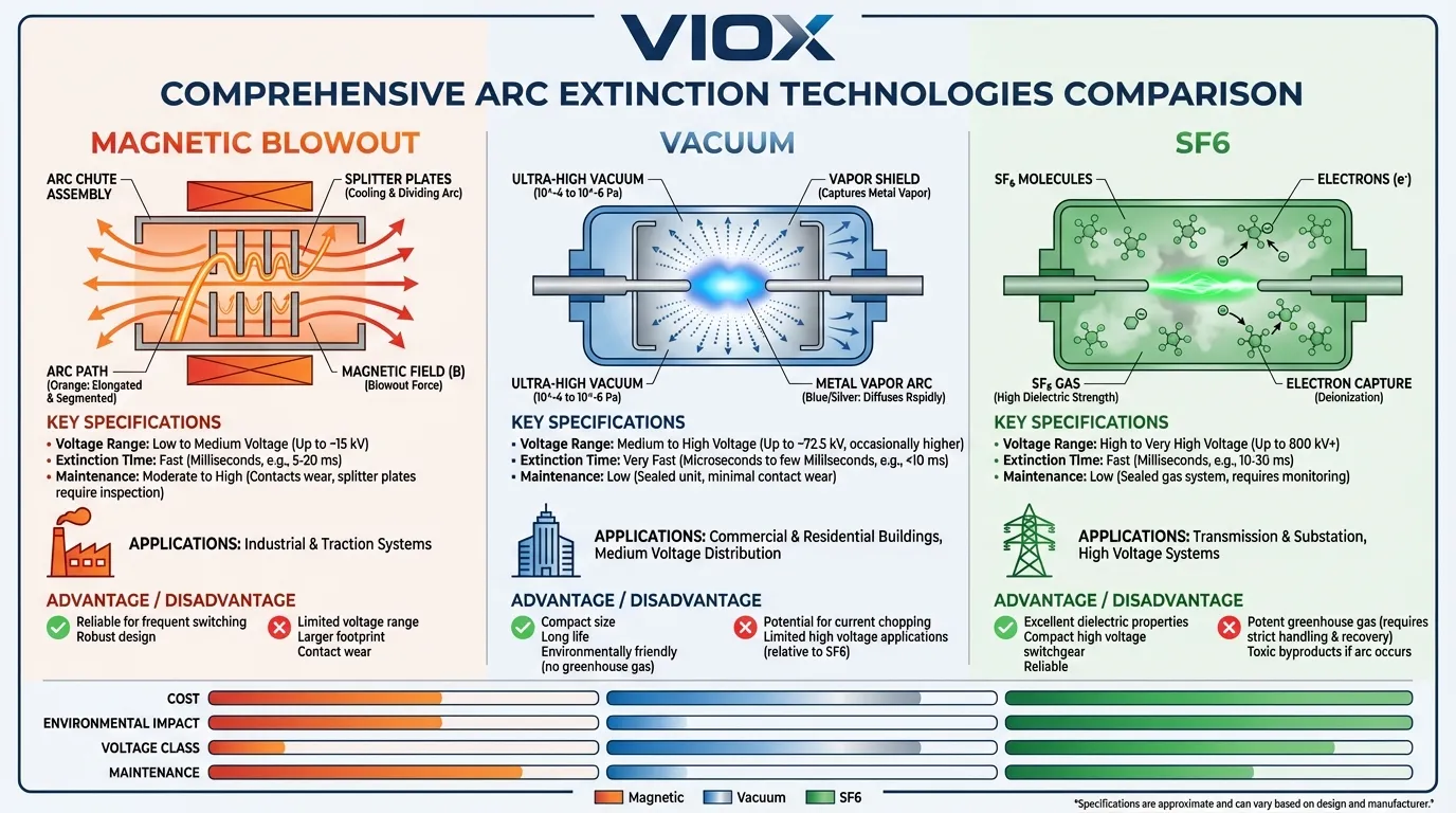 메커니즘, 사양 및 애플리케이션 권장 사항을 보여주는 자기 차단, 진공 및 SF6 아크 소호 기술의 포괄적인 비교 인포그래픽