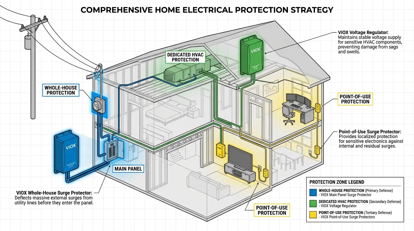 Diagrama abrangente da estratégia de proteção elétrica residencial