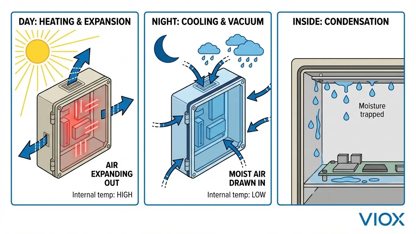Diagram showing the day and night condensation cycle in electrical enclosures causing moisture buildup