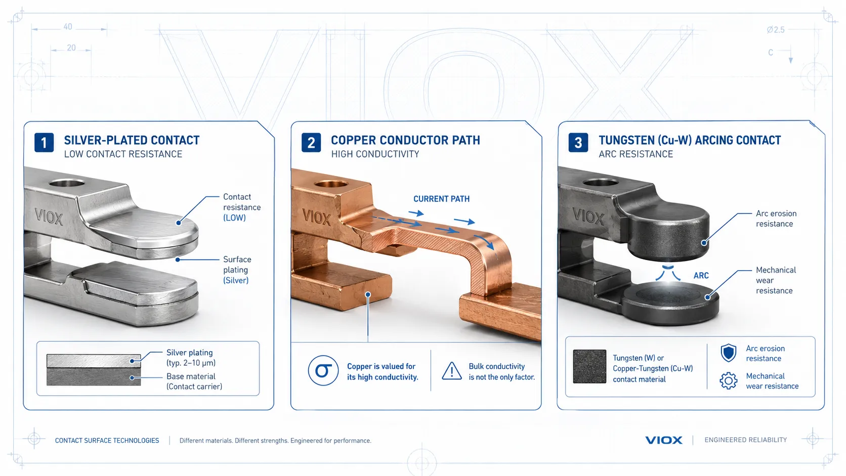 Contact material illustration comparing silver plating, copper conductors, and tungsten arcing contacts for conductivity and arc resistance