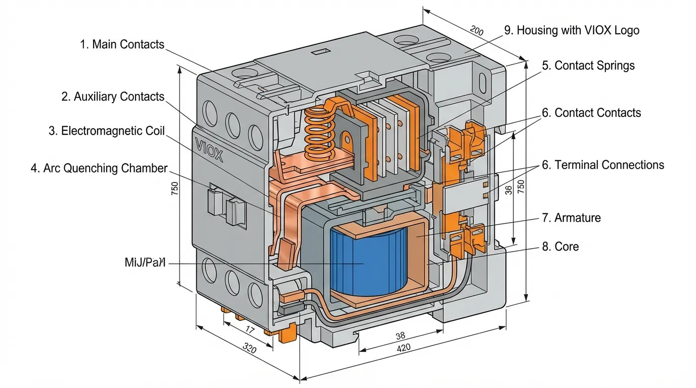 Contactor Internal Components Cutaway showing arc quenching chamber and contacts