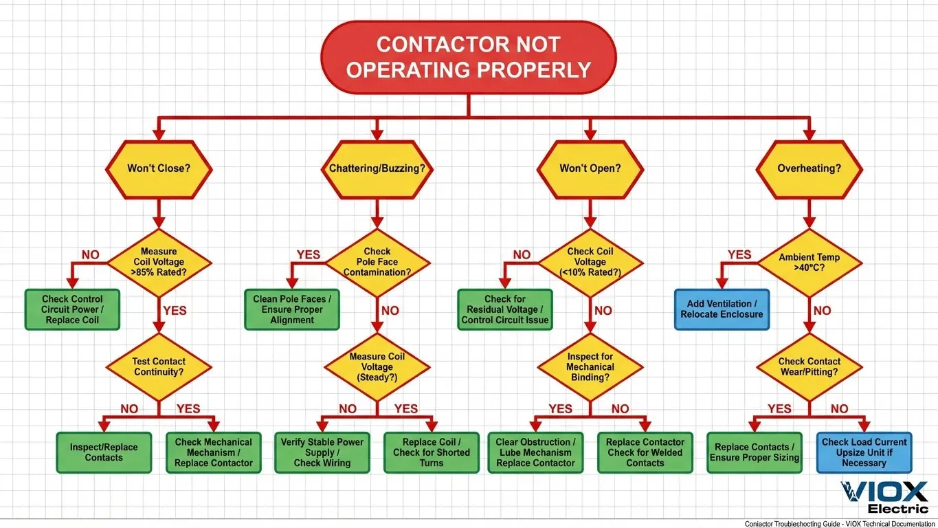 Contactor troubleshooting flowchart decision tree for systematic diagnosis - VIOX Electric technical guide
