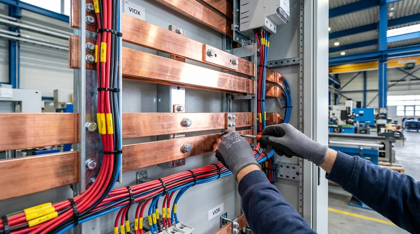 Foto industrial de um eletricista instalando barras de cobre vermelho brilhantes em um painel de distribuição VIOX
