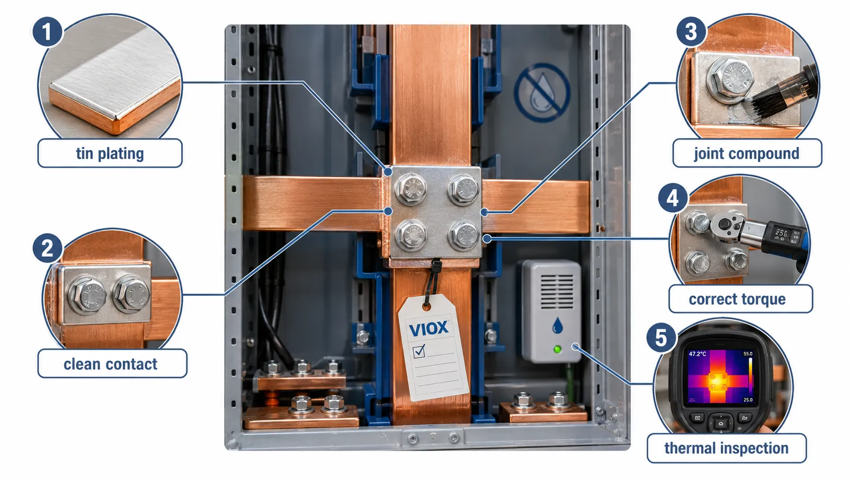 Copper busbar corrosion prevention with tin plating, anti-oxidation compound, correct torque, and thermal inspection.