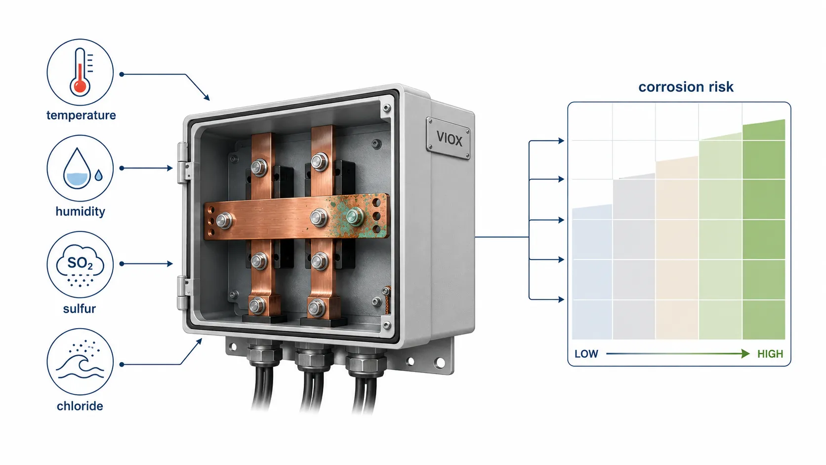 Copper busbar corrosion risk matrix for temperature, humidity, sulfur, chloride, and coastal environments.