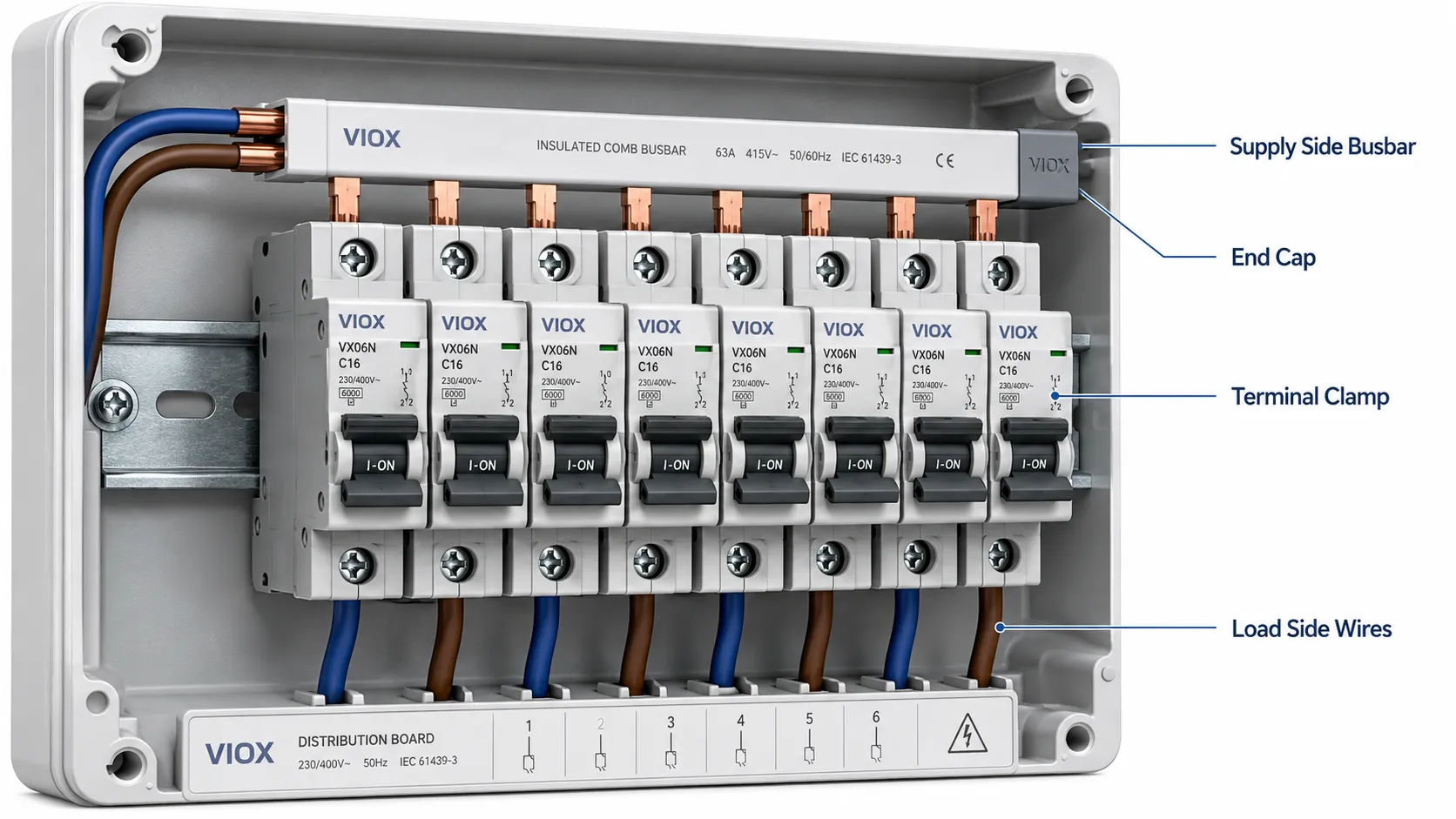 Correct MCB busbar connection with supply-side feed and load-side outgoing wires.