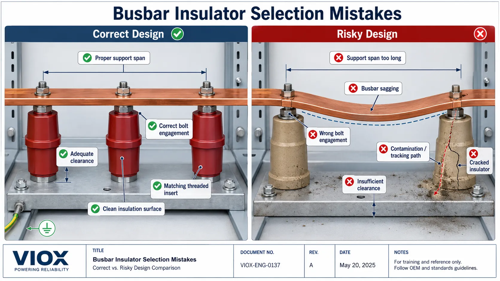 Correct and incorrect busbar insulator selection showing support spacing bolt fit and tracking risks