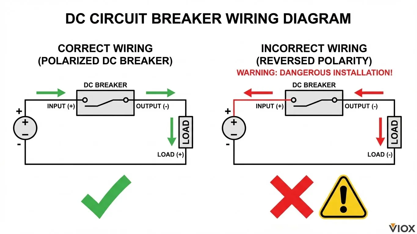 ແຜນວາດສາຍໄຟທີ່ຖືກຕ້ອງແລະບໍ່ຖືກຕ້ອງສໍາລັບການຕິດຕັ້ງເຄື່ອງຕັດວົງຈອນ DC ທີ່ມີຂົ້ວ