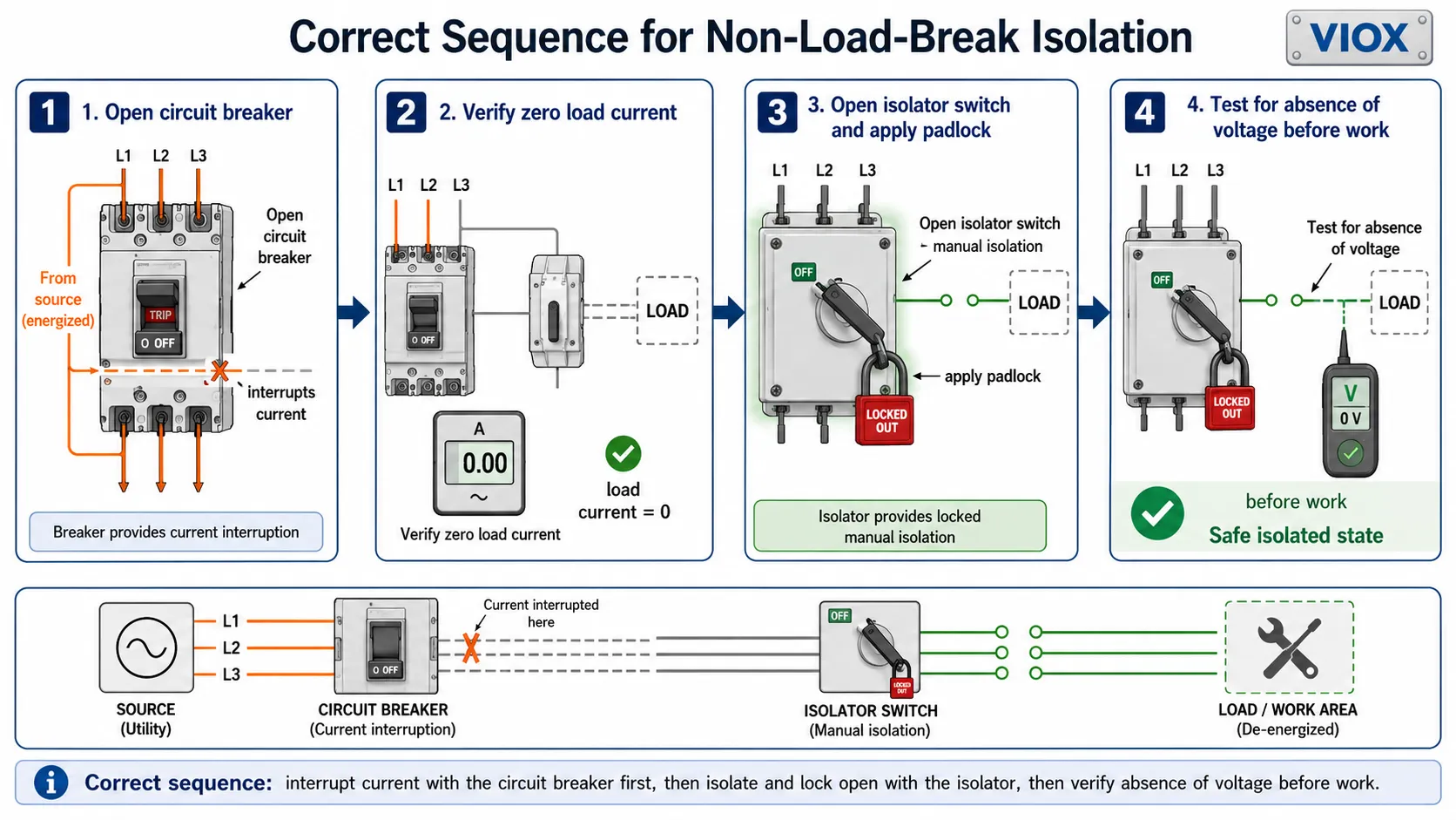 Correct operating sequence showing breaker opened before isolator switch lockout and voltage testing