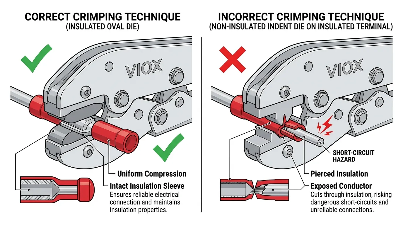 Correct vs incorrect crimping die selection for insulated terminals safety diagram VIOX engineering guide
