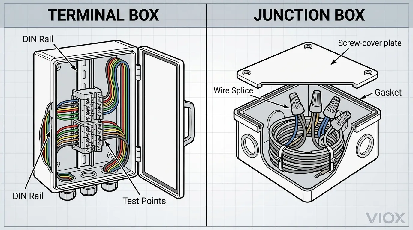 একটি টার্মিনাল বক্স বনাম একটি জাংশন বক্সের তুলনা করে ক্রস-সেকশন কাটওয়ে চিত্রণ।.