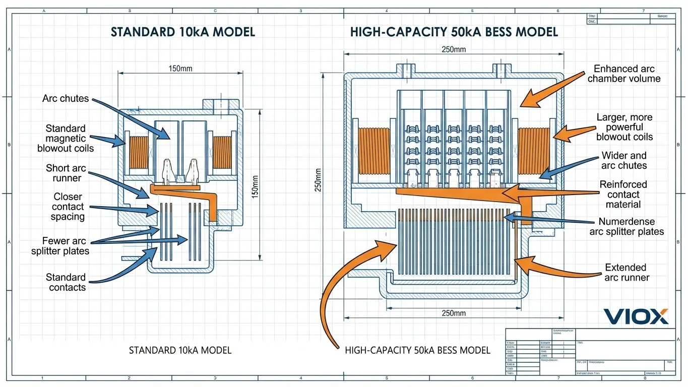 مقایسه مقطع عرضی مکانیزمهای خاموش کردن قوس داخلی قطعکننده مدار DC استاندارد در مقابل با ظرفیت قطع بالا