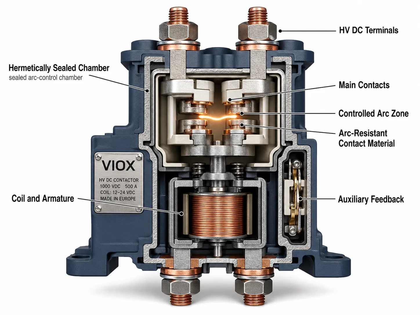 Cross-section of a sealed high-voltage DC contactor showing arc chamber, main contacts, coil, and auxiliary feedback