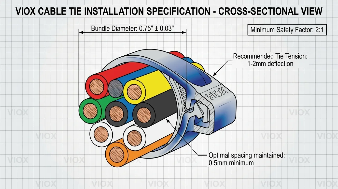 Cross-section technical drawing showing proper VIOX cable tie installation technique around electrical wire bundle with tension specifications