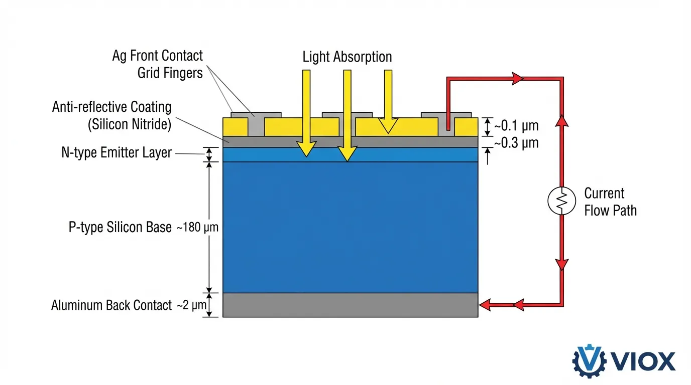 رسم تخطيطي فني للمقطع العرضي لهيكل الخلية الشمسية يوضح طبقات معالجة الفضة بالمعادن ومسار تجميع التيار