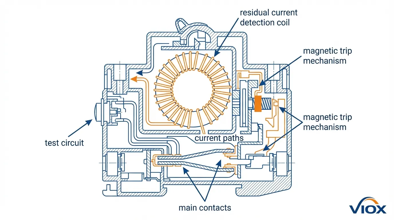 A VIOX RCCB belső alkatrészeinek és mechanizmusának keresztmetszeti nézete