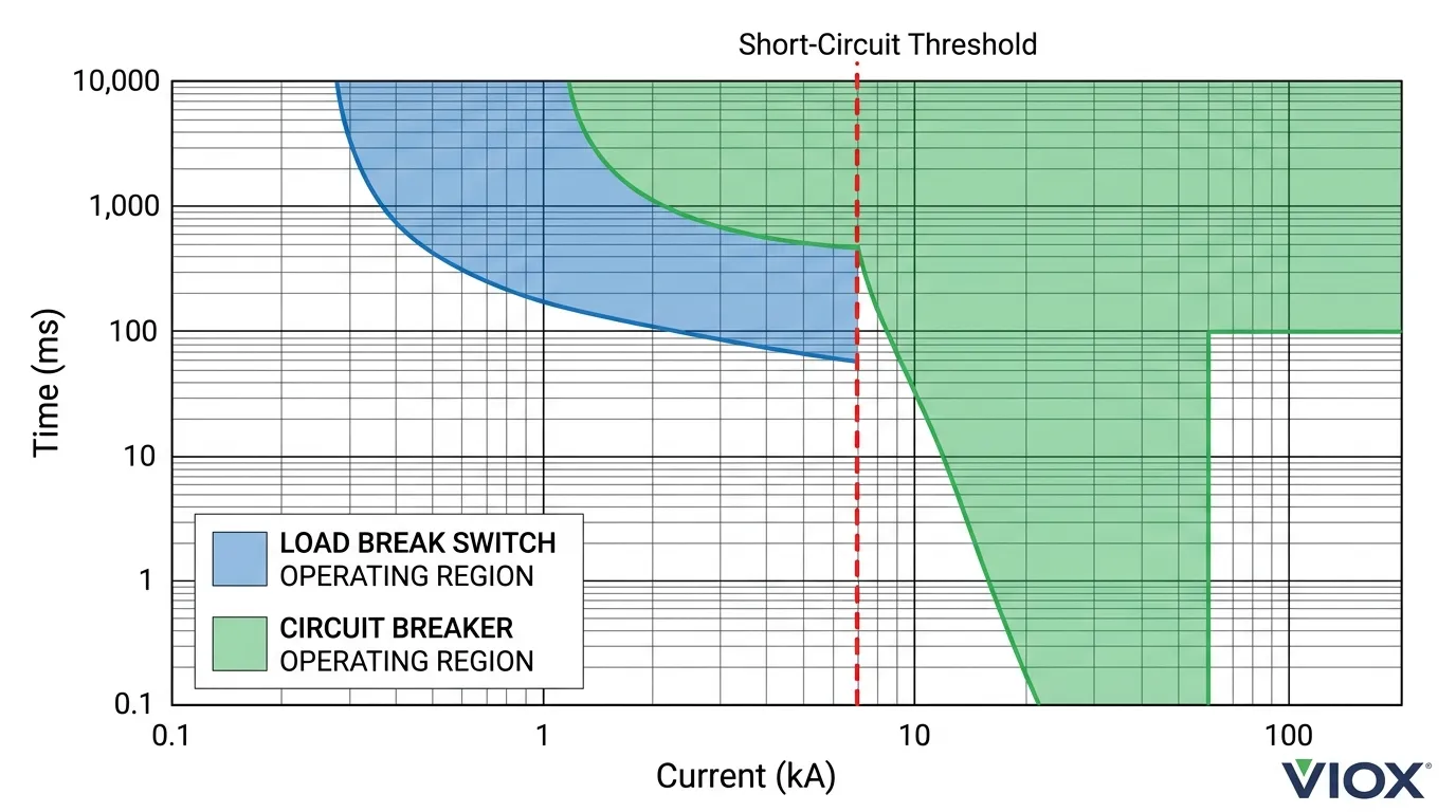 Current-time graph na nagpapakita ng operating range ng load break switch vs circuit breaker para sa short circuit protection