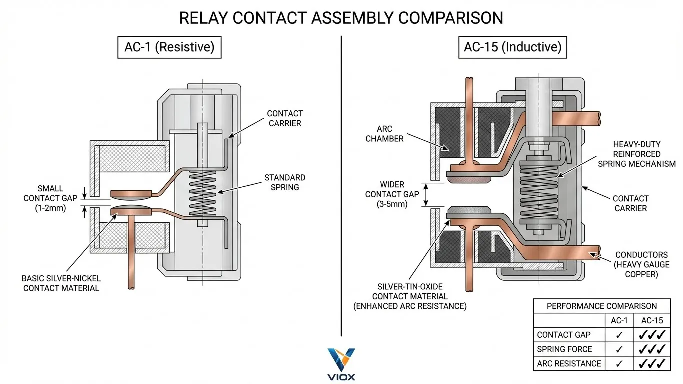 Az AC-1 és az AC-15 besorolású reléérintkezők kivágott összehasonlító ábrája, amely bemutatja az érintkezőhézag, a rugóerő és az anyagfelépítés különbségeit
