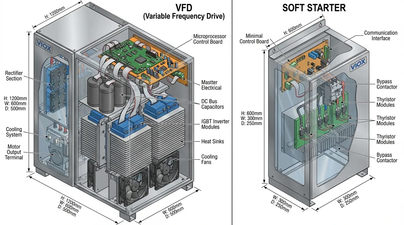 Cutaway comparison of VFD and soft starter showing internal complexity difference and relative size for motor control applications