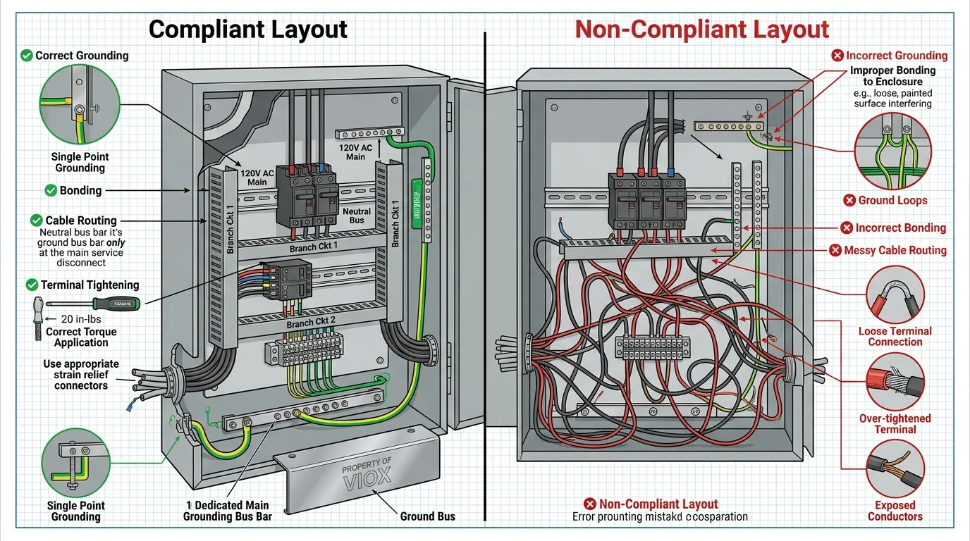 Cutaway layout comparison displaying a compliant electrical panel vs a non-compliant panel construction