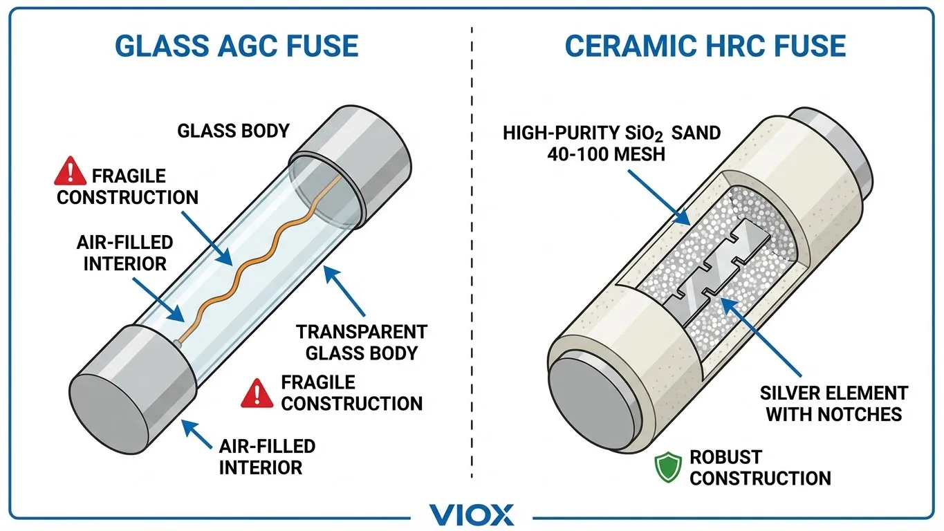مقارنة مقطعية للبناء الداخلي للمصهر الزجاجي AGC مقابل المصهر الخزفي HRC