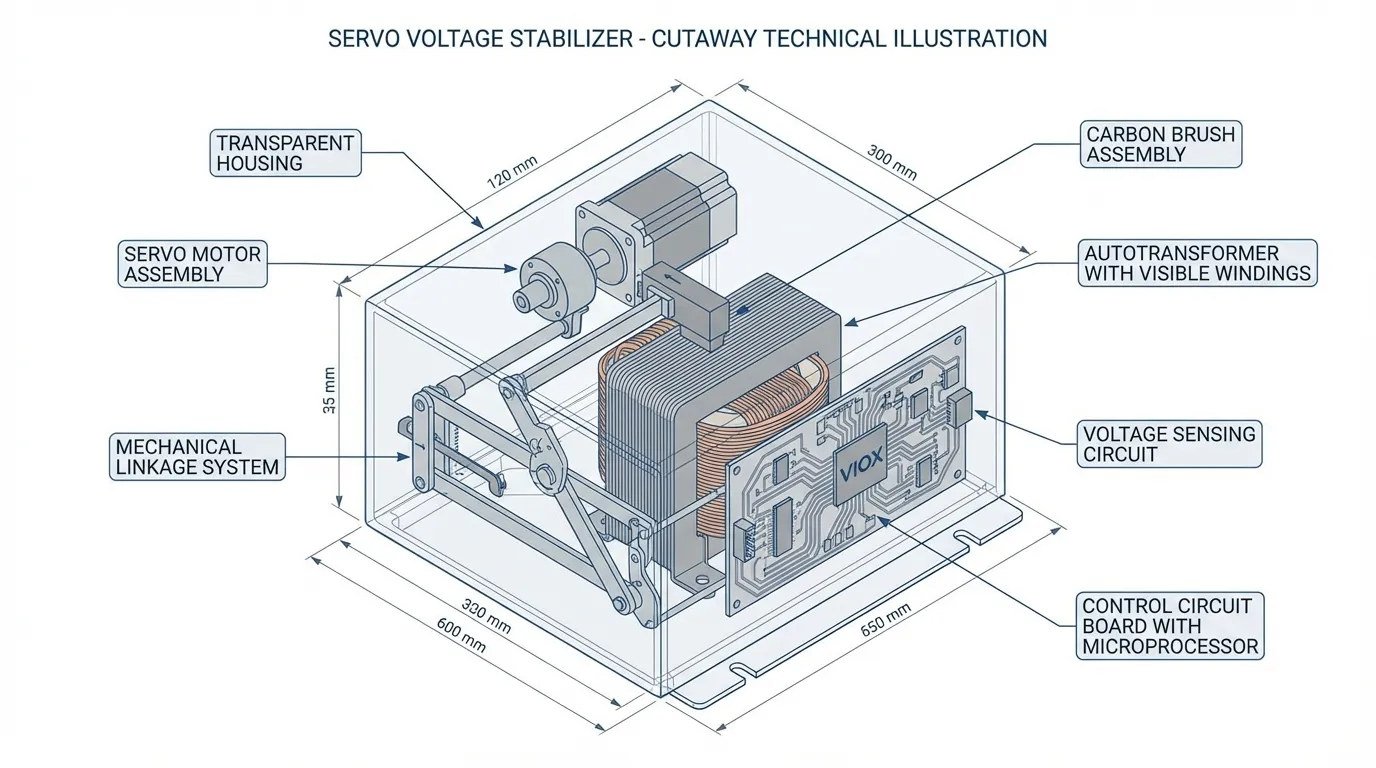 Cutaway diagram of VIOX servo voltage stabilizer showing internal servo motor and autotransformer components