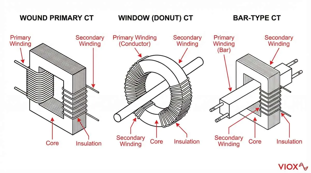 Cutaway diagram of current transformer construction types
