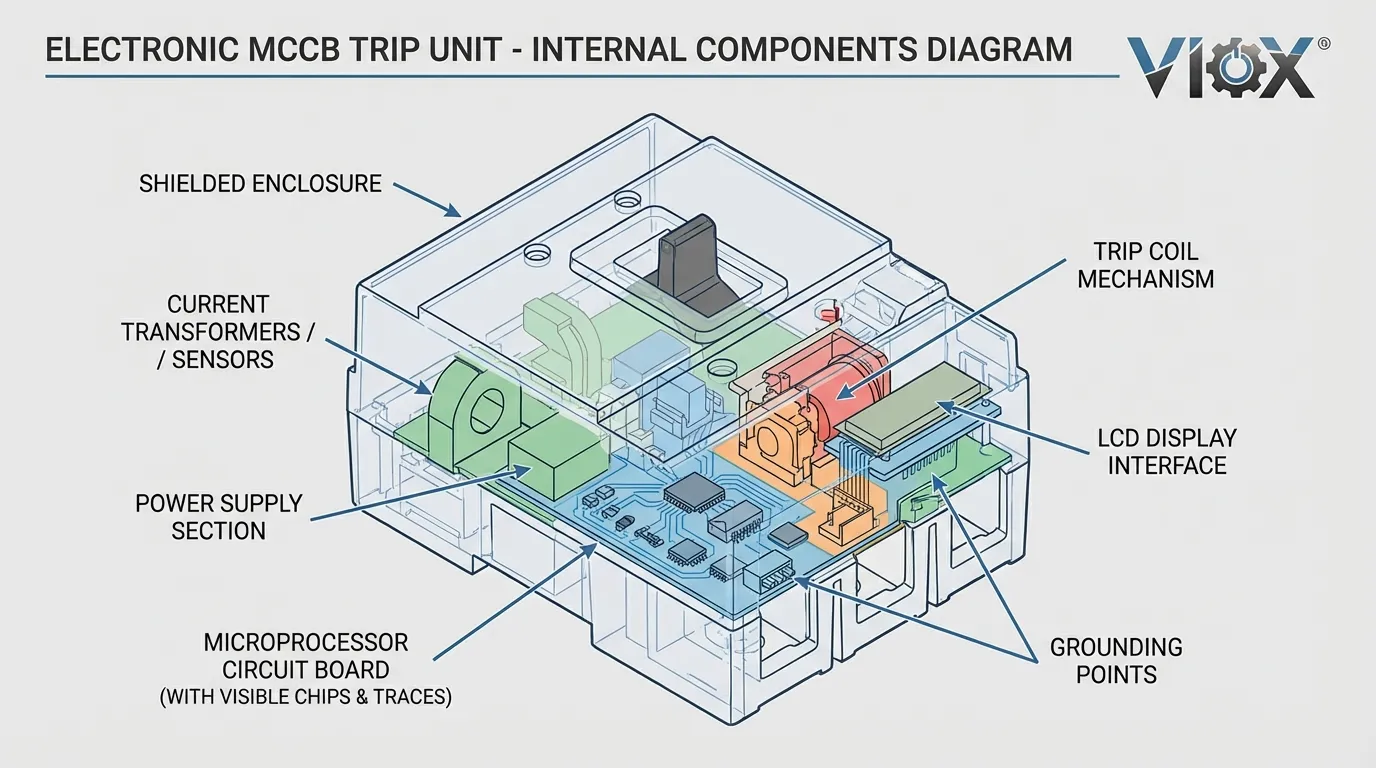 Diagrama em corte da unidade de disparo MCCB eletrónica mostrando os componentes internos vulneráveis à EMI - VIOX Electric