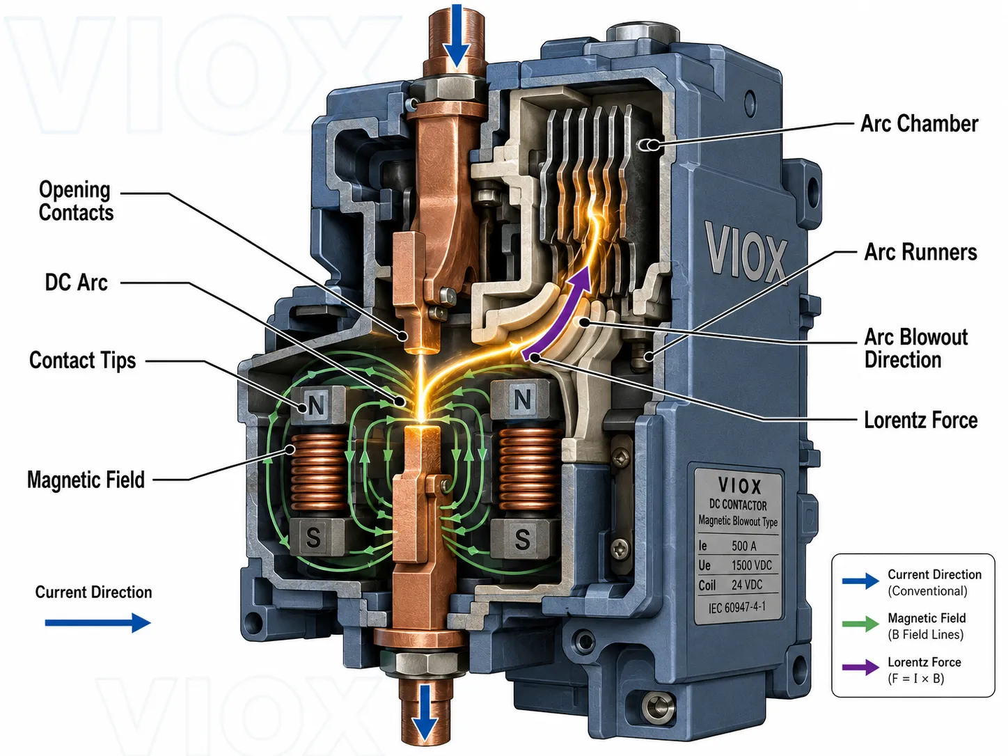 Cutaway diagram showing magnetic blowout forcing a DC contactor arc into the arc chamber