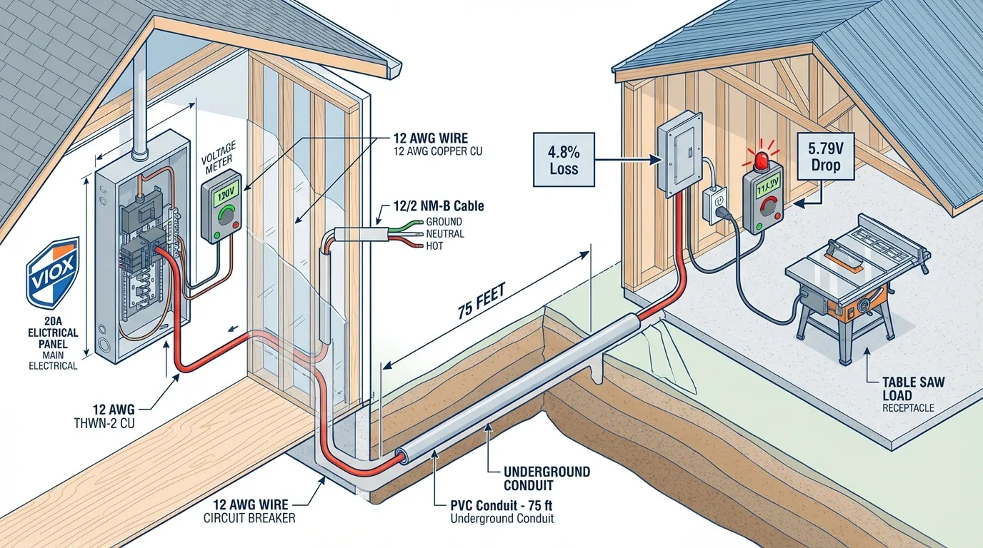 Cutaway illustration of a house showing a 75-foot wire run to a workshop with voltage drop measurements