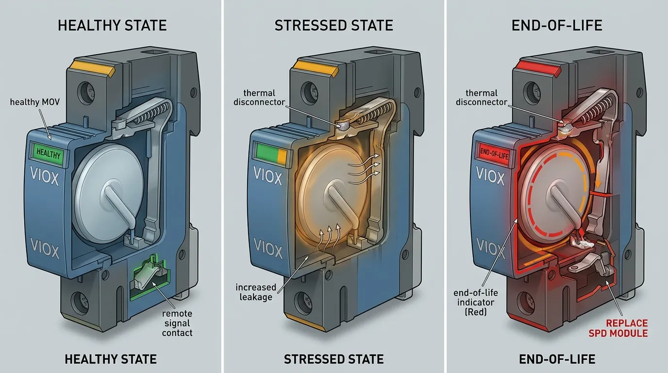 Cutaway illustration of MOV aging in an SPD showing leakage heating, thermal disconnection, and end-of-life status indication