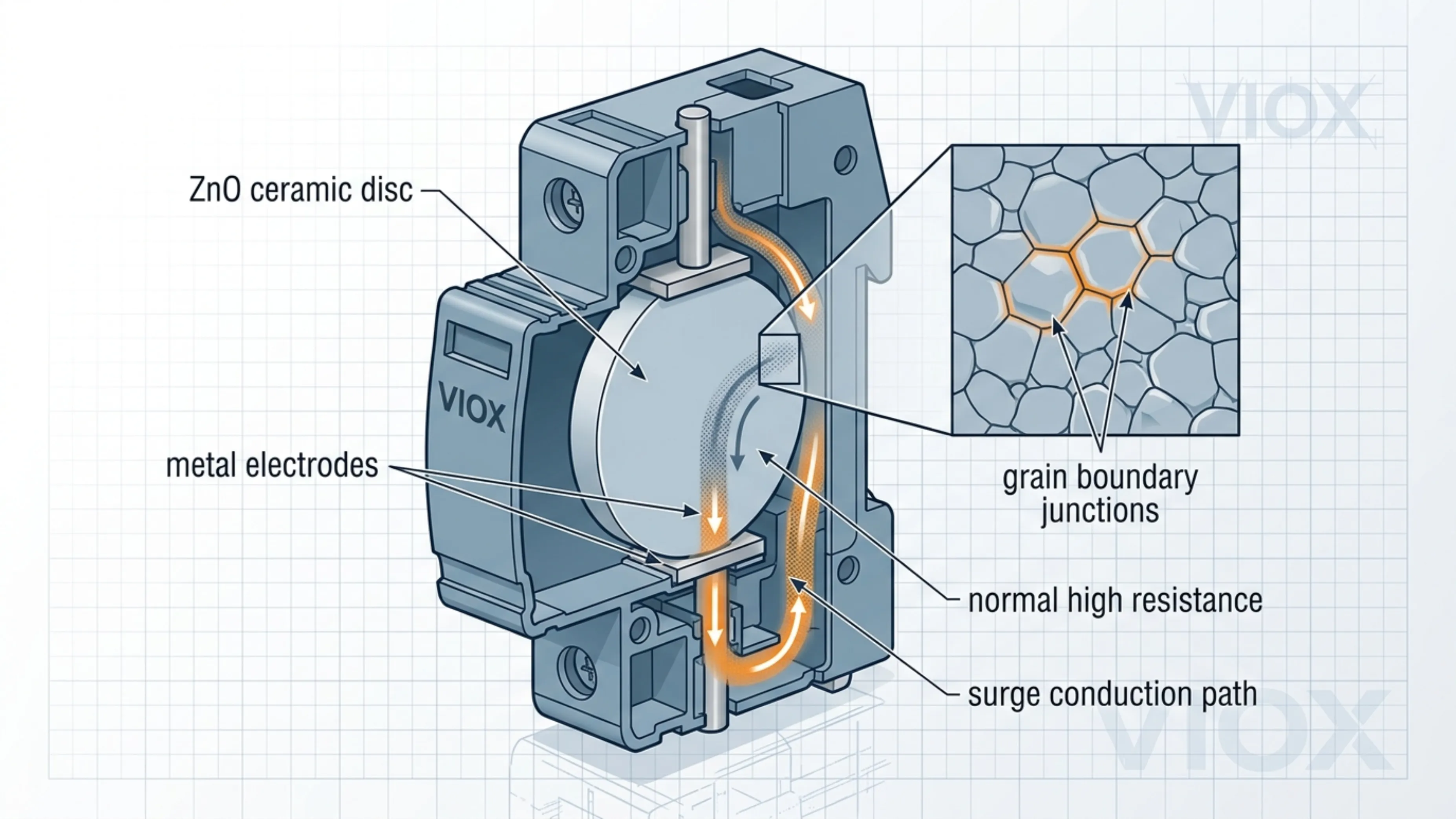 Cutaway illustration of a ZnO MOV inside a surge protective device showing ceramic grain boundaries and surge current conduction