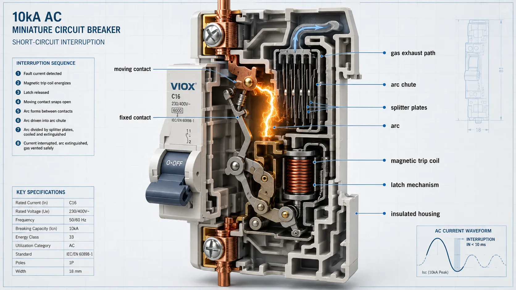 Cutaway illustration of arc extinction inside a 10kA miniature circuit breaker showing contacts arc chute splitter plates and hot gas exhaust path