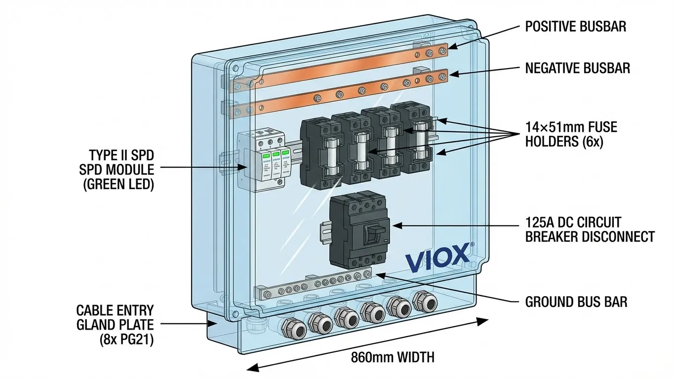 Diagrama técnico en sección de la caja combinadora solar VIOX de 1000 V CC que muestra los componentes internos, incluidos los portafusibles, las barras colectoras, el SPD y el interruptor de desconexión