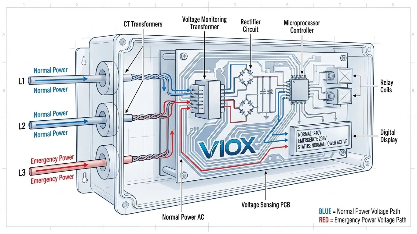 แผนภาพทางเทคนิคแบบ Cutaway ของวงจรตรวจจับแรงดันไฟฟ้า VIOX ATS แสดงหม้อแปลงตรวจสอบ PCB ควบคุม และเส้นทางการกำหนดเส้นทางพลังงาน