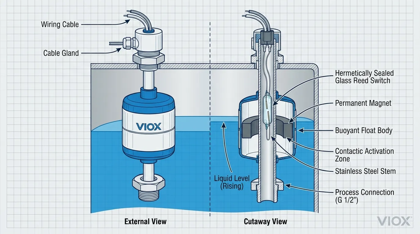Cutaway technical diagram of a float switch showing internal reed switch, magnet, buoyant float body, and stainless steel stem components
