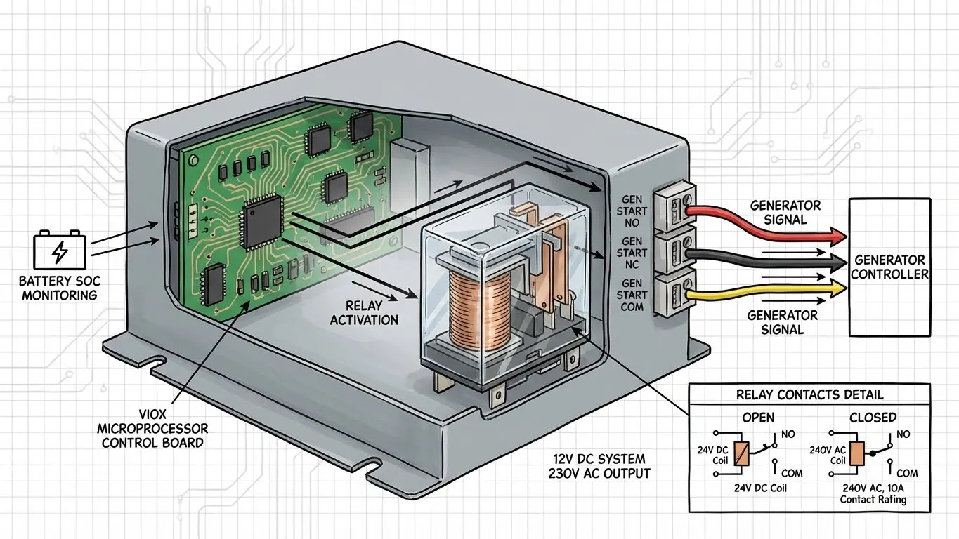 Diagrama técnico seccionado del sistema de relé de contacto seco del inversor híbrido que muestra el circuito de control de arranque del generador y los componentes internos