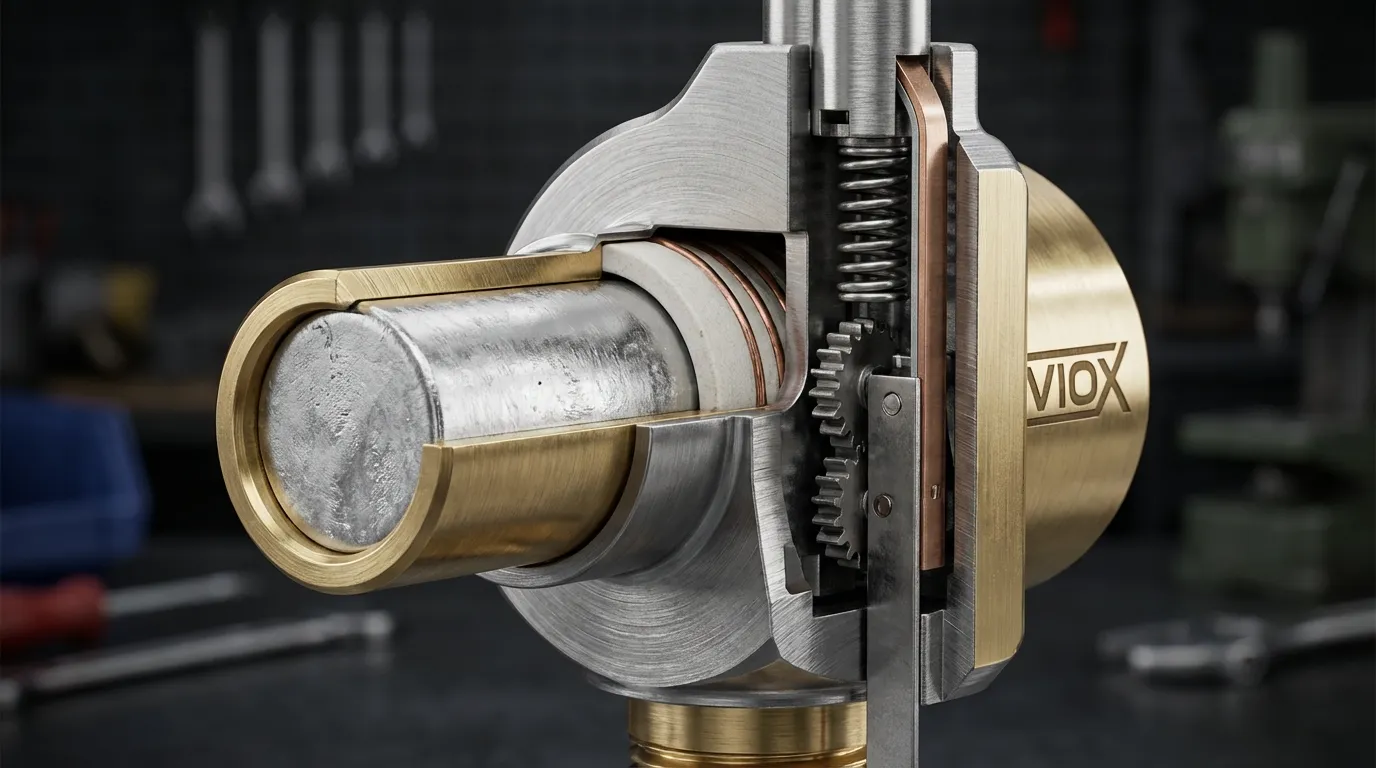 عرض مقطعي لوحدة الحمل الحراري الزائد المصنوعة من سبيكة يوتكتيكية VIOX يوضح أنبوب التسخين وسبيكة اللحام وآلية فصل السقاطة