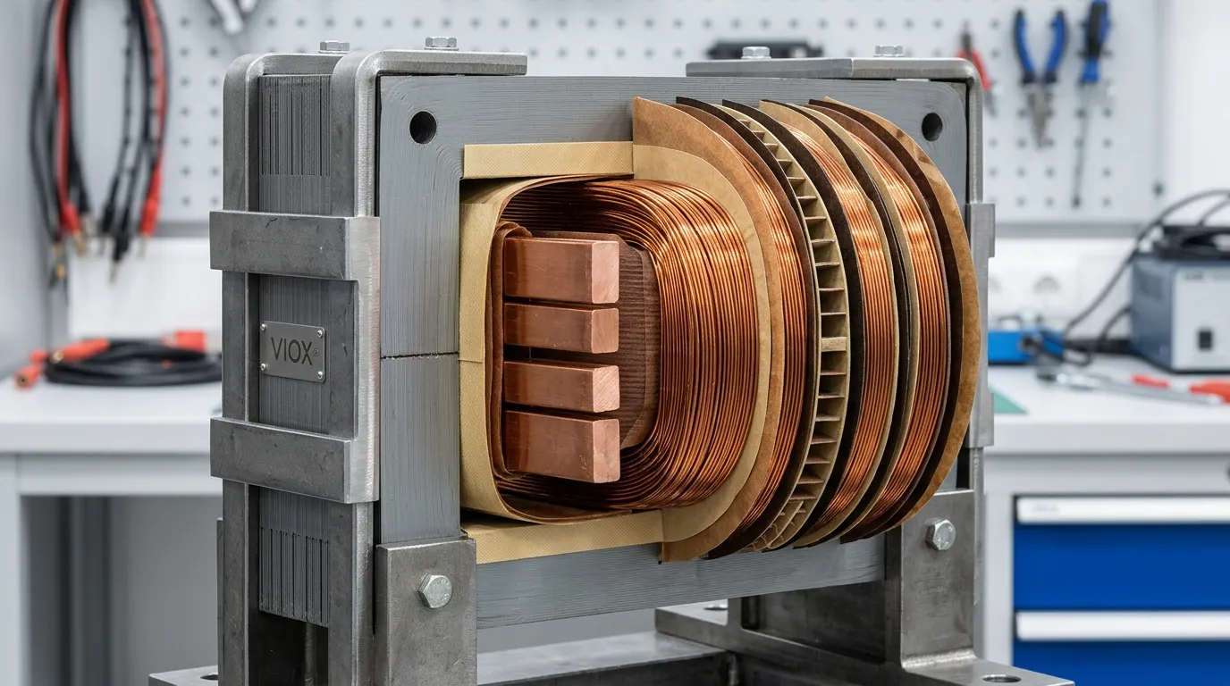 Tampilan potongan inti dan belitan transformator yang menunjukkan inti baja berlapis, belitan tembaga konsentris, dan merek manufaktur VIOX