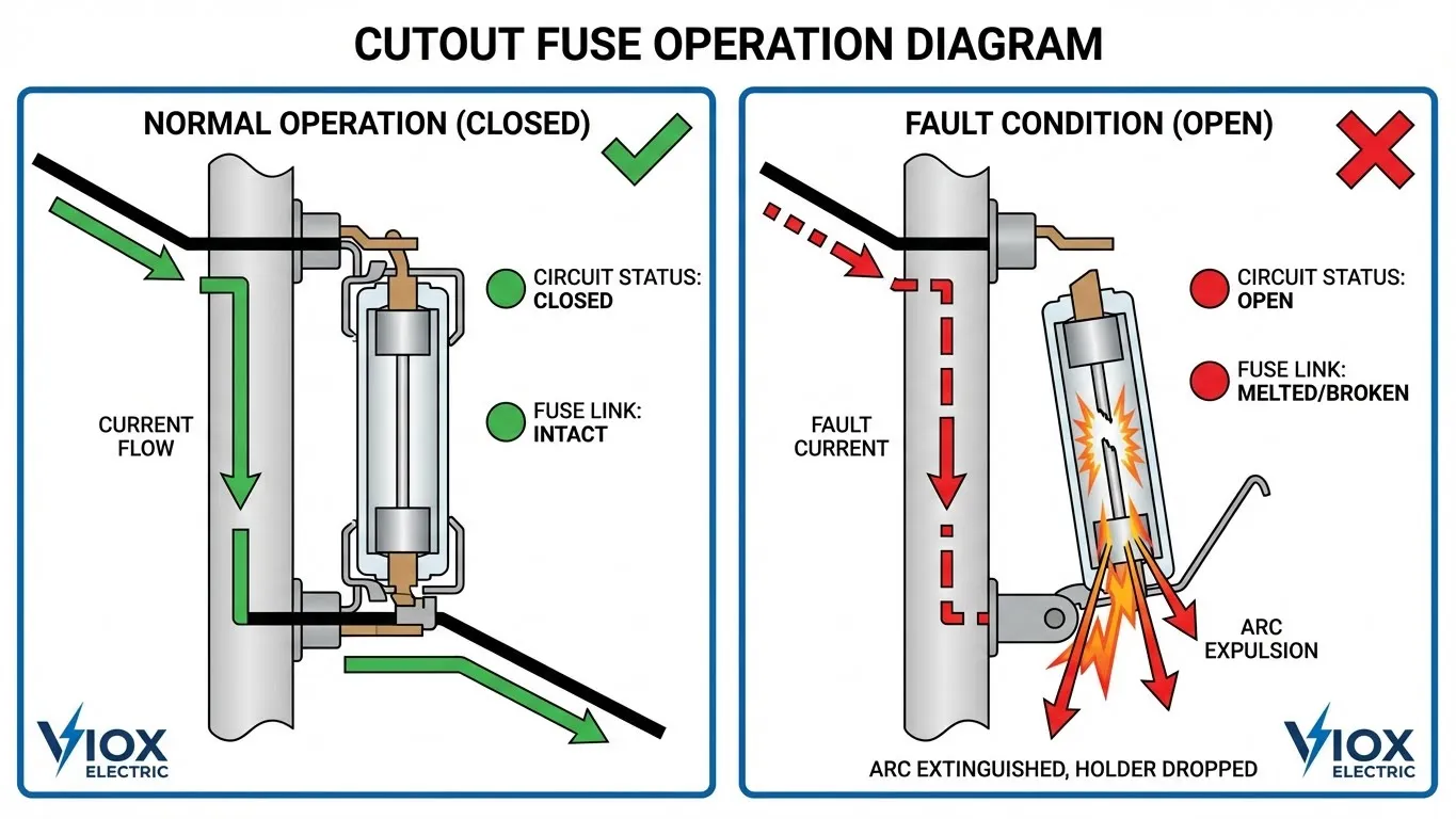 مخطط تشغيل مصهر القطع يوضح الظروف العادية وظروف الأعطال - VIOX Electric