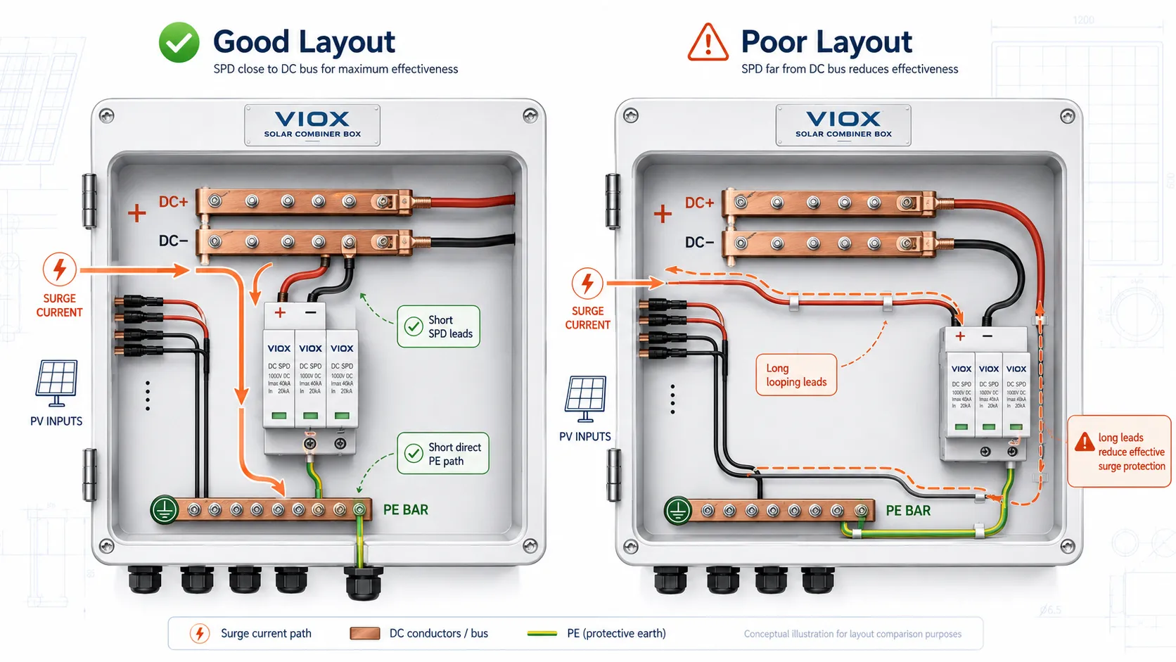 DC SPD placement in a solar combiner box comparing short direct leads with poor long lead layout