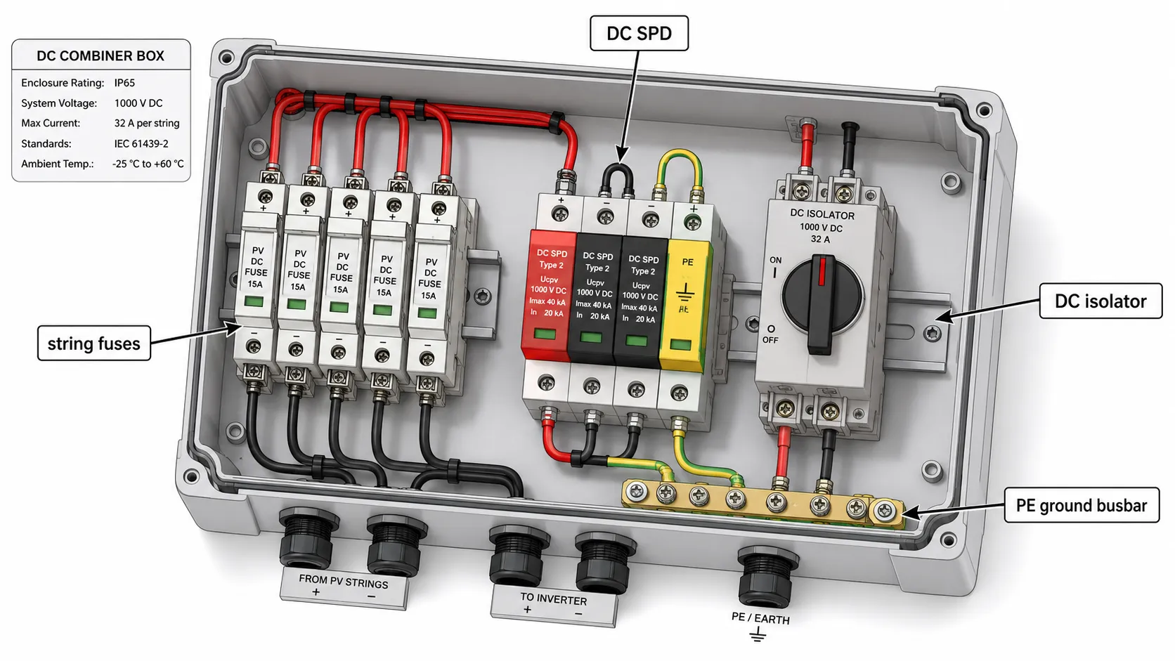 DC SPD wiring inside a solar PV combiner box with string fuses isolator and PE ground busbar connection