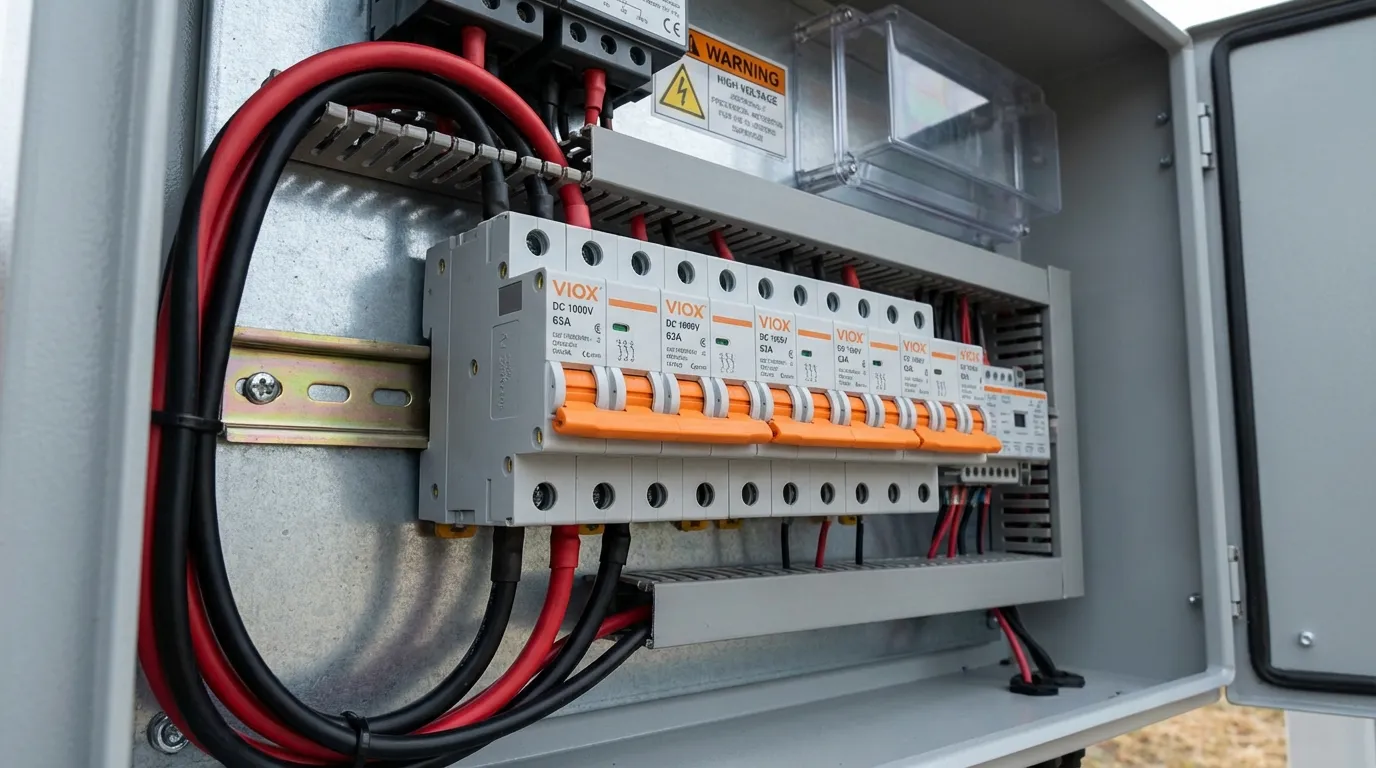 DC circuit breakers mounted on DIN rail in solar PV electrical panel with VIOX branding
